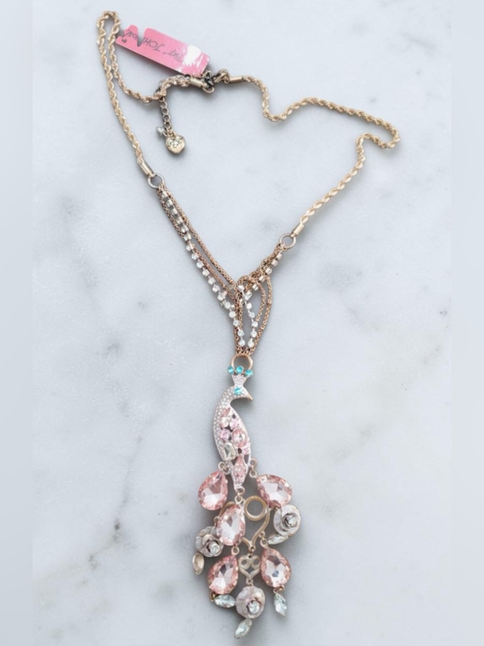 BETSEY JOHNSON Vintage Y2K Pinktina Patina Peacock Long Pendant Necklace NEW NWT